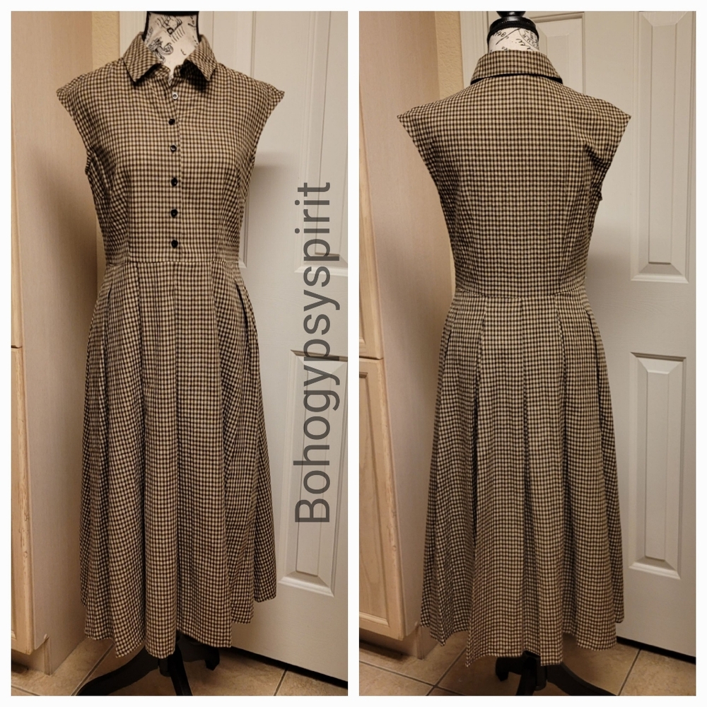NWT Rihoas Brown Plaid Button Pleated Midi Dress - Picture 11 of 17